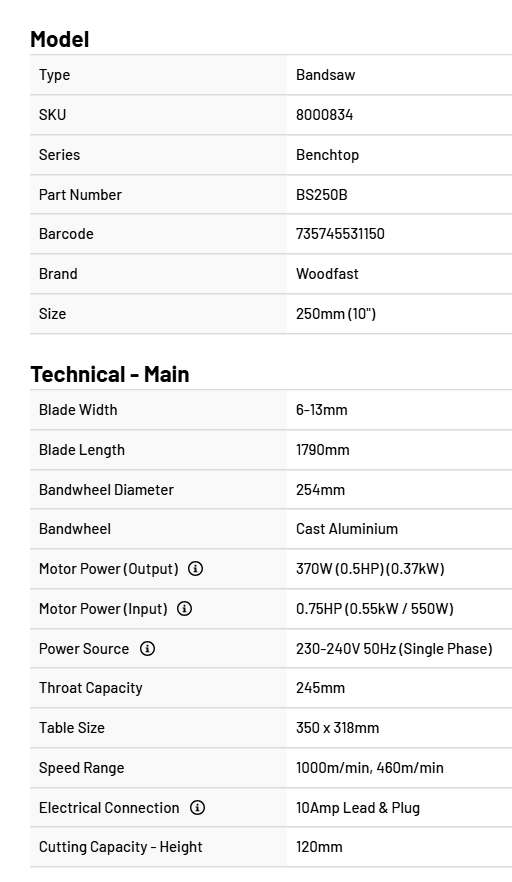 Woodfast 250mm (10") Bandsaw 0.5HP 240V BS250B