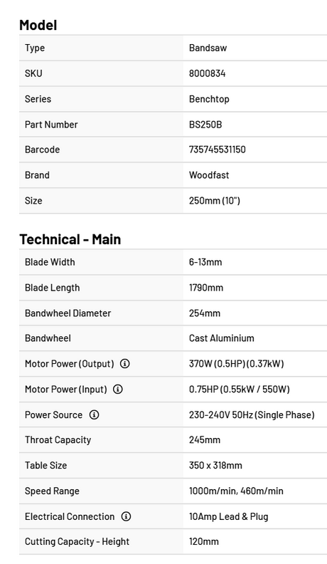 Woodfast 250mm (10") Bandsaw 0.5HP 240V BS250B
